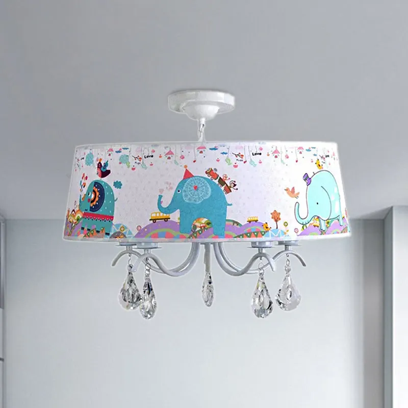 Witte trommel-hanglamp met olifantskristal 5-lichts metalen dierenkroonluchter voor kinderslaapkamer Clearhalo