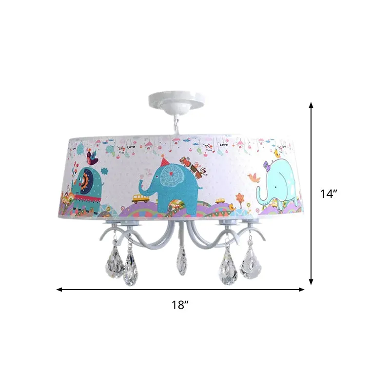 Witte trommel-hanglamp met olifantskristal 5-lichts metalen dierenkroonluchter voor kinderslaapkamer Clearhalo