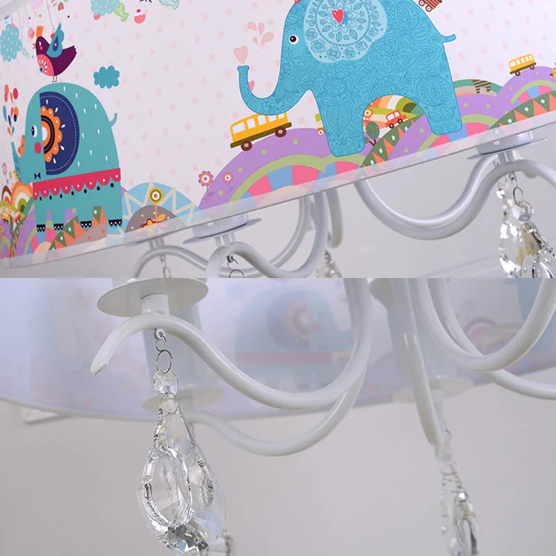 Witte trommel-hanglamp met olifantskristal 5-lichts metalen dierenkroonluchter voor kinderslaapkamer Clearhalo