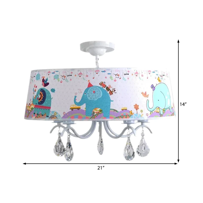Witte trommel-hanglamp met olifantskristal 5-lichts metalen dierenkroonluchter voor kinderslaapkamer Clearhalo