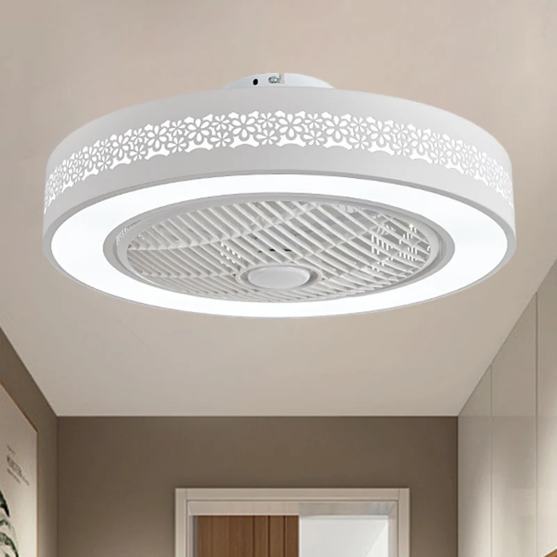 Witte trommelvormige hangende ventilatorlamp, eenvoudige 21,5" W LED-metallic halfverzonken plafondlamp Clearhalo