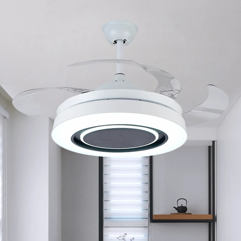 Witte trommelvormige hangende ventilatorlamp Minimalisme 42-inch brede LED-acryl dicht bij plafondlamp met 4 heldere blade...
