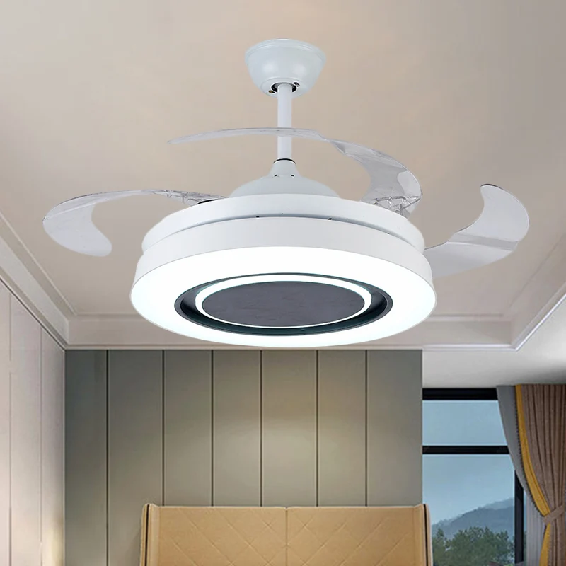 Witte trommelvormige hangende ventilatorlamp Minimalisme 42-inch brede LED-acryl dicht bij plafondlamp met 4 heldere blade...