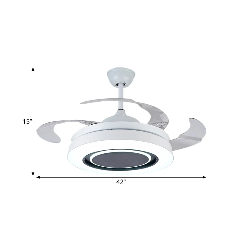 Witte trommelvormige hangende ventilatorlamp Minimalisme 42-inch brede LED-acryl dicht bij plafondlamp met 4 heldere blade...