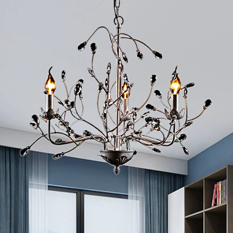 Witte Twig hanglamp 3-lichts creatieve metalen kroonluchter met kristallen knop voor de kleuterschool Clearhalo