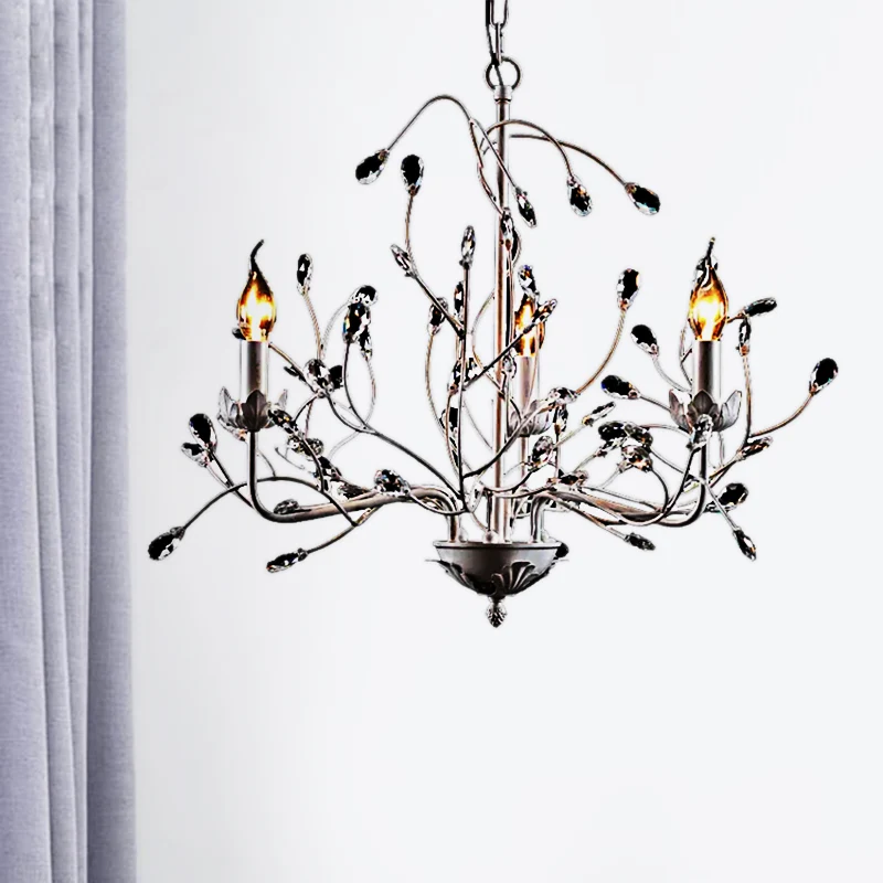 Witte Twig hanglamp 3-lichts creatieve metalen kroonluchter met kristallen knop voor de kleuterschool Clearhalo