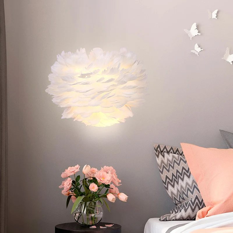 Witte veren wandkandelaar eigentijds 1-lamps stoffen wandlamp voor nachtkastje Clearhalo