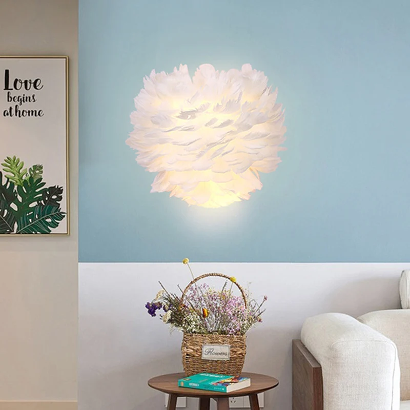 Witte veren wandkandelaar eigentijds 1-lamps stoffen wandlamp voor nachtkastje Clearhalo
