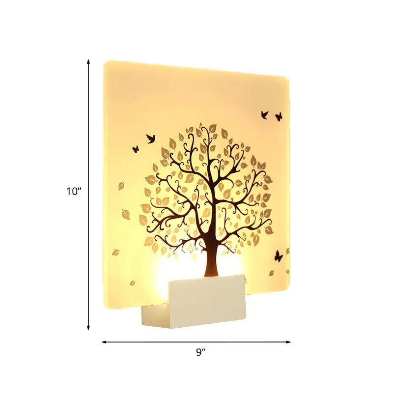 Witte vierkante boom- en vogelwandlamp Scandinavische stijl LED-acrylmuurschilderinglamp voor woonkamer Clearhalo