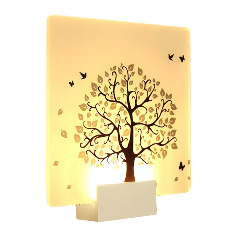 Witte vierkante boom- en vogelwandlamp Scandinavische stijl LED-acrylmuurschilderinglamp voor woonkamer Clearhalo