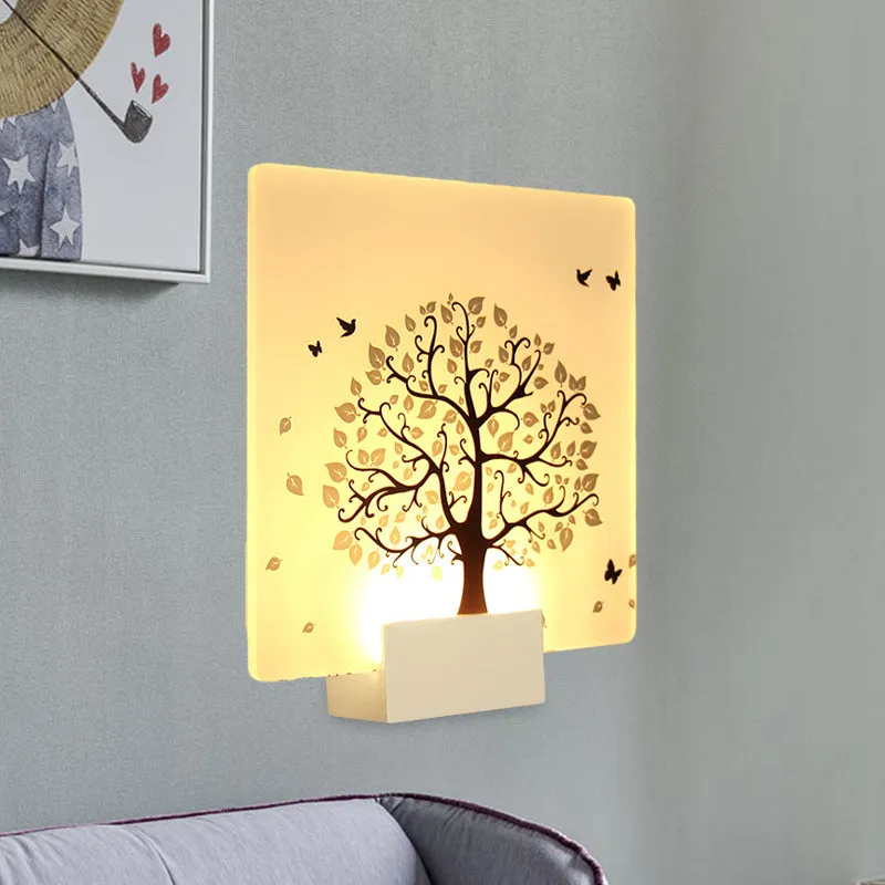 Witte vierkante boom- en vogelwandlamp Scandinavische stijl LED-acrylmuurschilderinglamp voor woonkamer Clearhalo