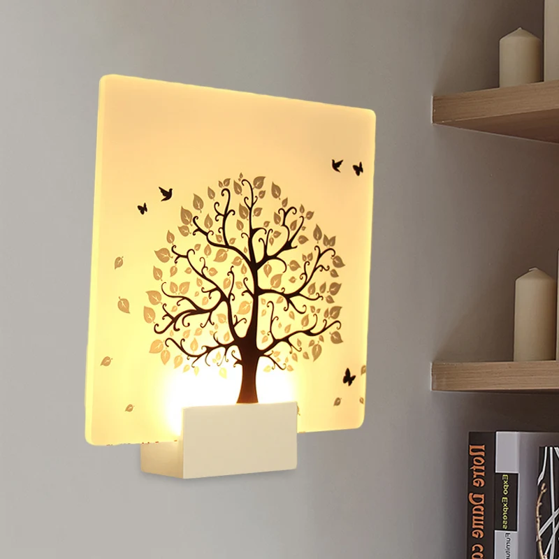 Witte vierkante boom- en vogelwandlamp Scandinavische stijl LED-acrylmuurschilderinglamp voor woonkamer Clearhalo