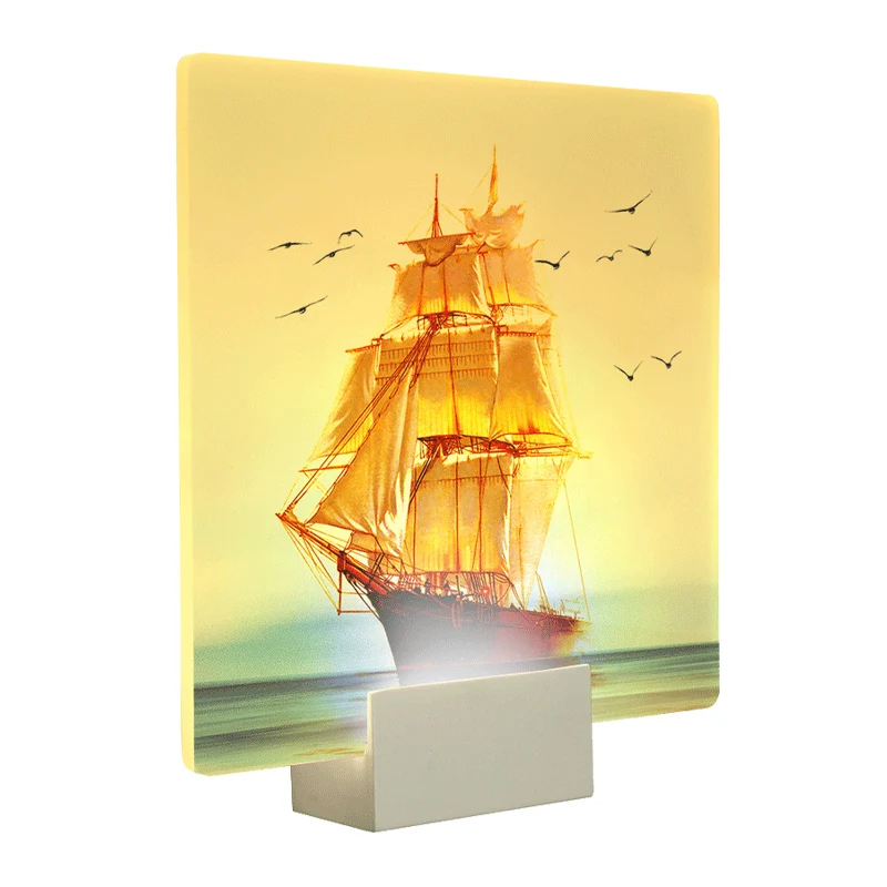Witte vierkante muurschildering licht oosterse stijl LED acryl zeilboot en zeewandlamp Clearhalo