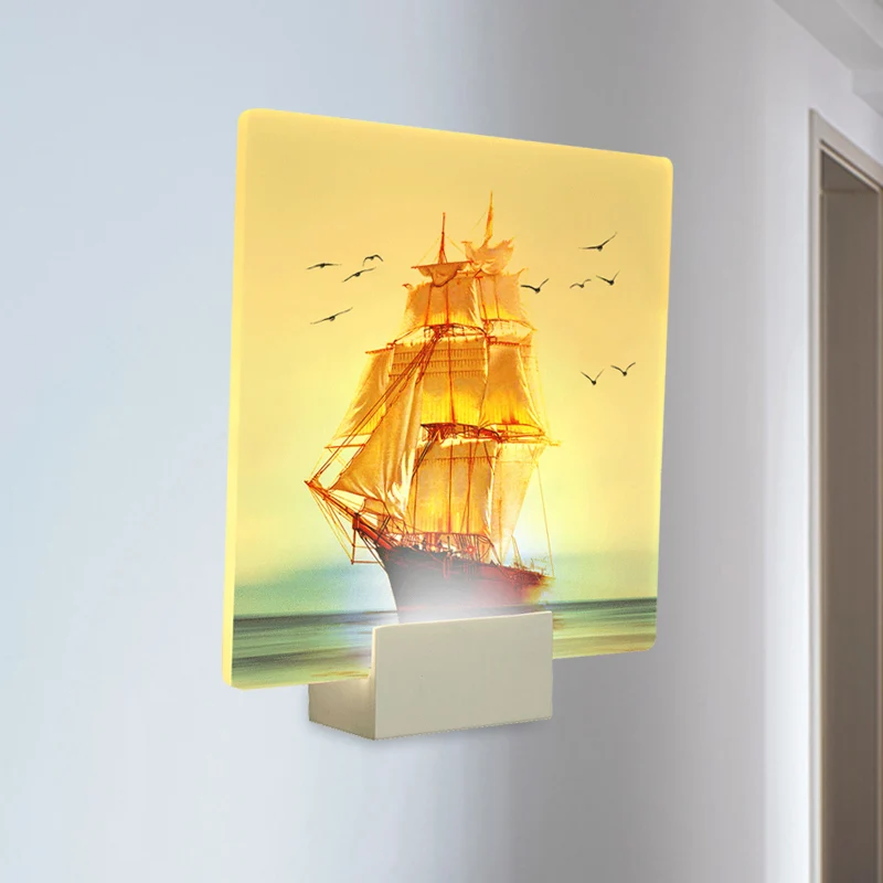 Witte vierkante muurschildering licht oosterse stijl LED acryl zeilboot en zeewandlamp Clearhalo