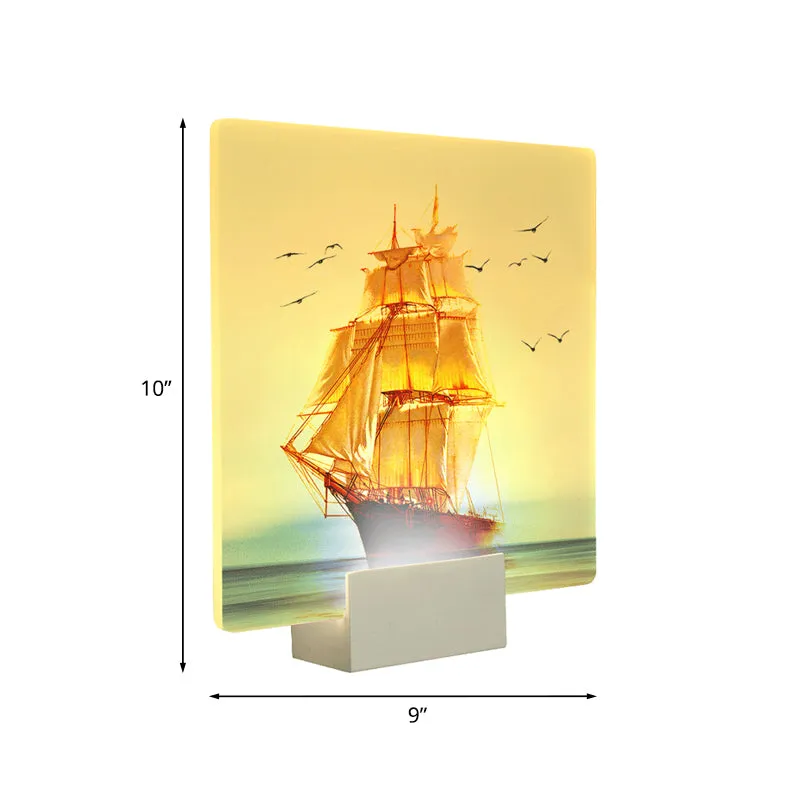 Witte vierkante muurschildering licht oosterse stijl LED acryl zeilboot en zeewandlamp Clearhalo