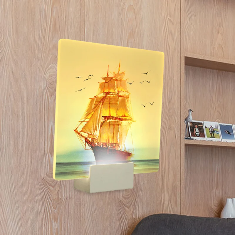 Witte vierkante muurschildering licht oosterse stijl LED acryl zeilboot en zeewandlamp Clearhalo