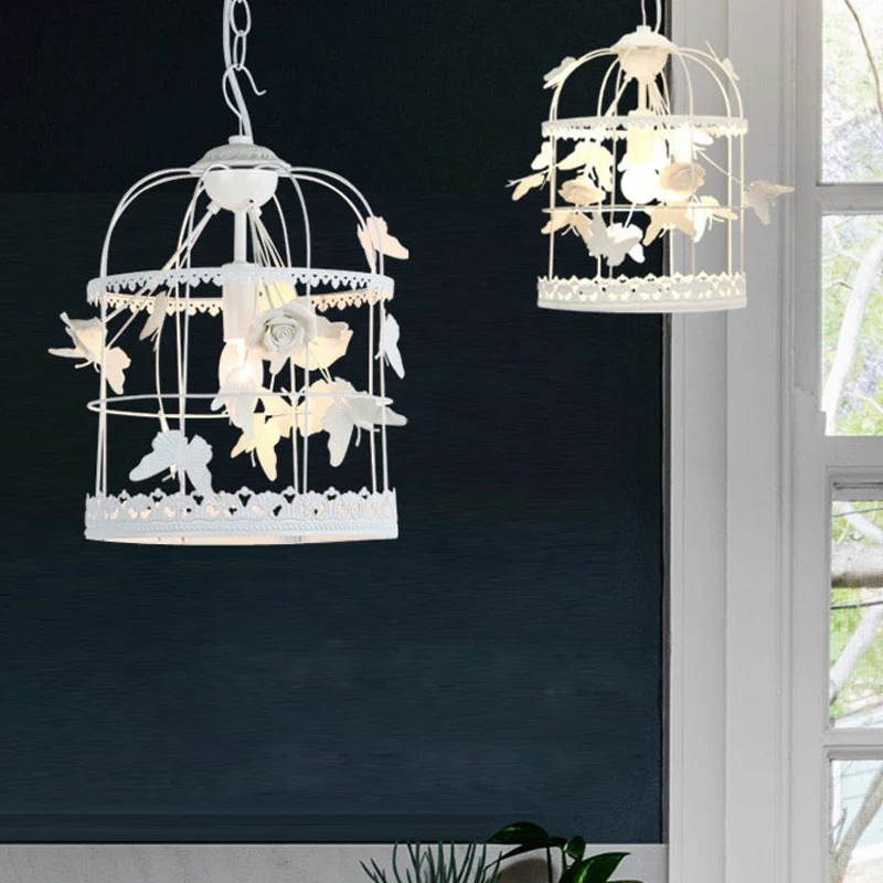 Witte vogelkooi hangende plafondlamp Traditionele metalen 1-lichts slaapkamer hanglamp Clearhalo