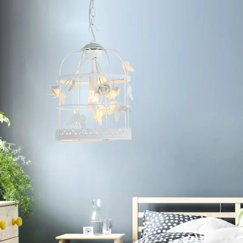 Witte vogelkooi hangende plafondlamp Traditionele metalen 1-lichts slaapkamer hanglamp Clearhalo