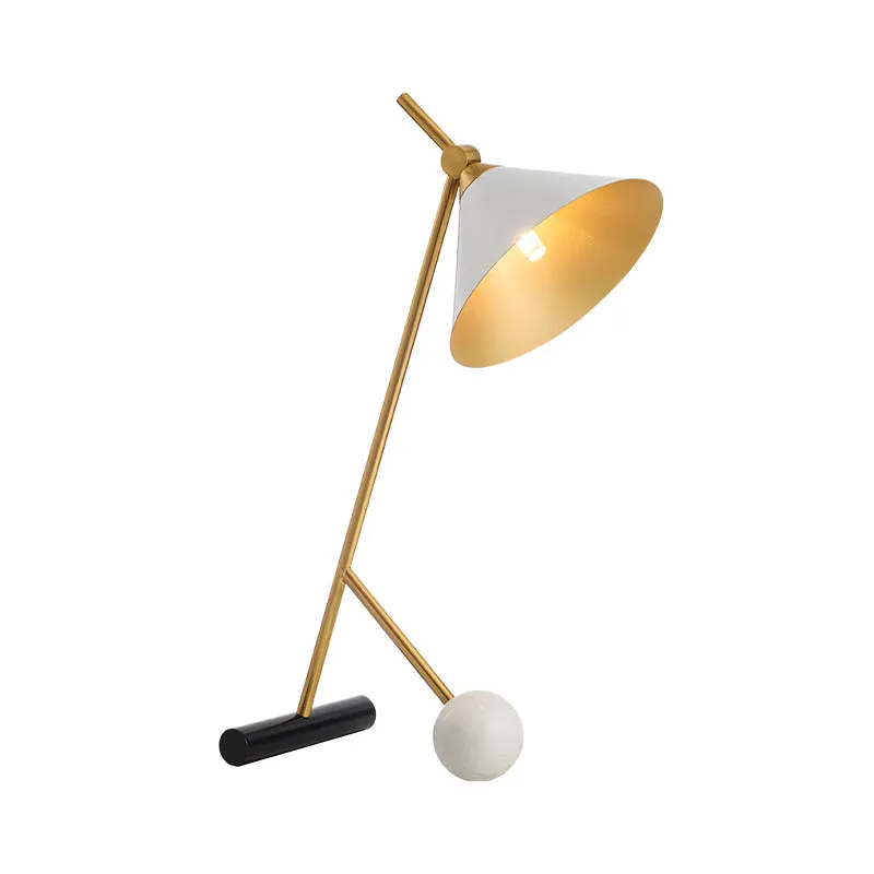 Witte, wijd uitlopende bureauverlichting, moderne LED-metallic tafellamp met buis en bolvormige marmeren voet Clearhalo