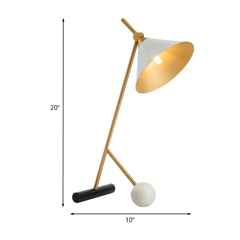 Witte, wijd uitlopende bureauverlichting, moderne LED-metallic tafellamp met buis en bolvormige marmeren voet Clearhalo