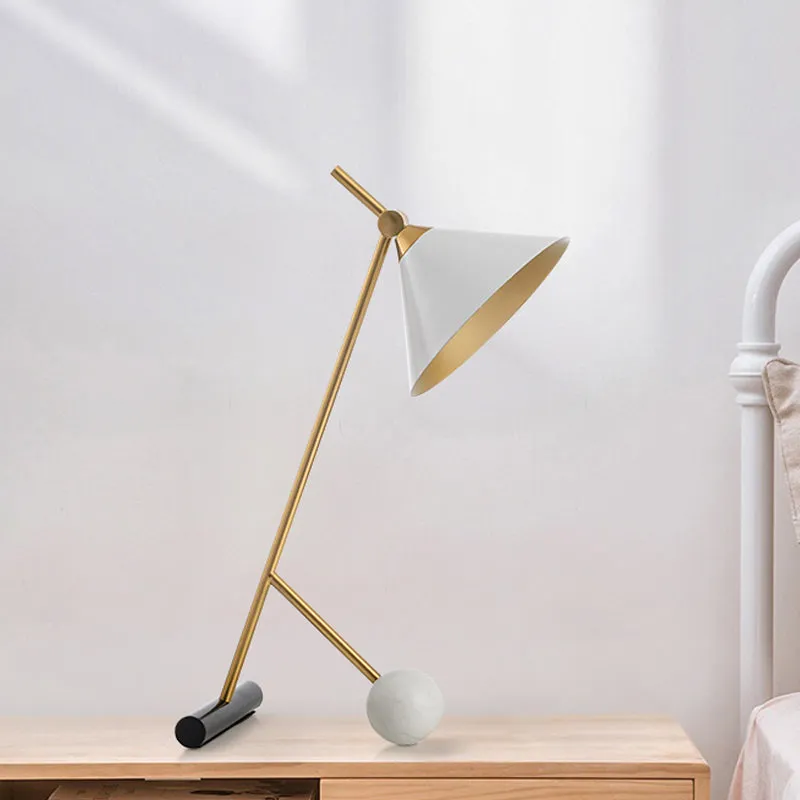 Witte, wijd uitlopende bureauverlichting, moderne LED-metallic tafellamp met buis en bolvormige marmeren voet Clearhalo