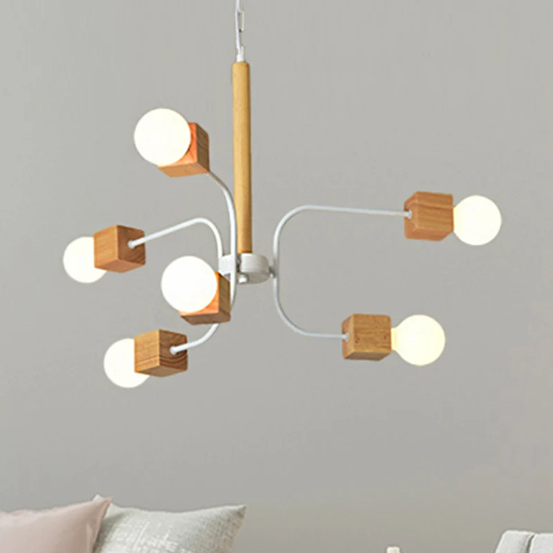 Wit/zwarte gebogen arm hangende kroonluchter modernistische multi-verlichting houten hanglamp met ketting Clearhalo