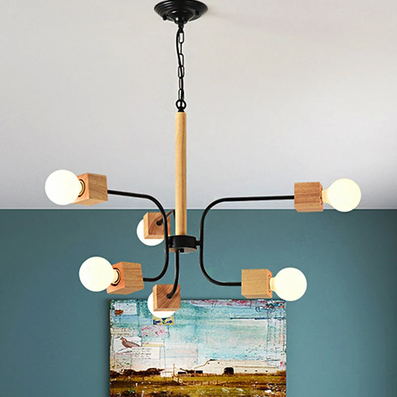 Wit/zwarte gebogen arm hangende kroonluchter modernistische multi-verlichting houten hanglamp met ketting Clearhalo