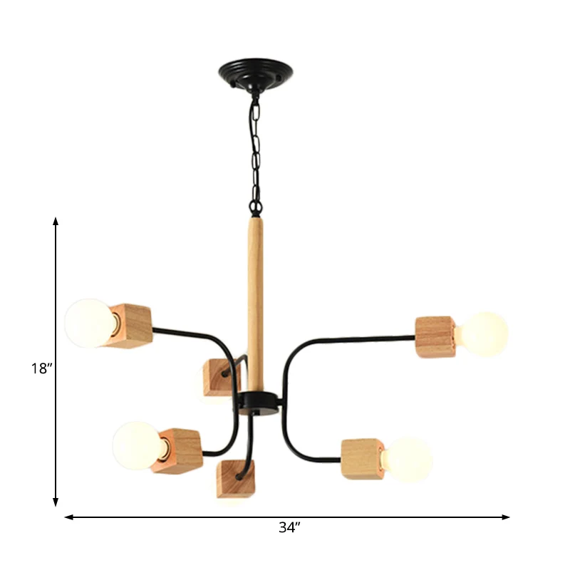Wit/zwarte gebogen arm hangende kroonluchter modernistische multi-verlichting houten hanglamp met ketting Clearhalo