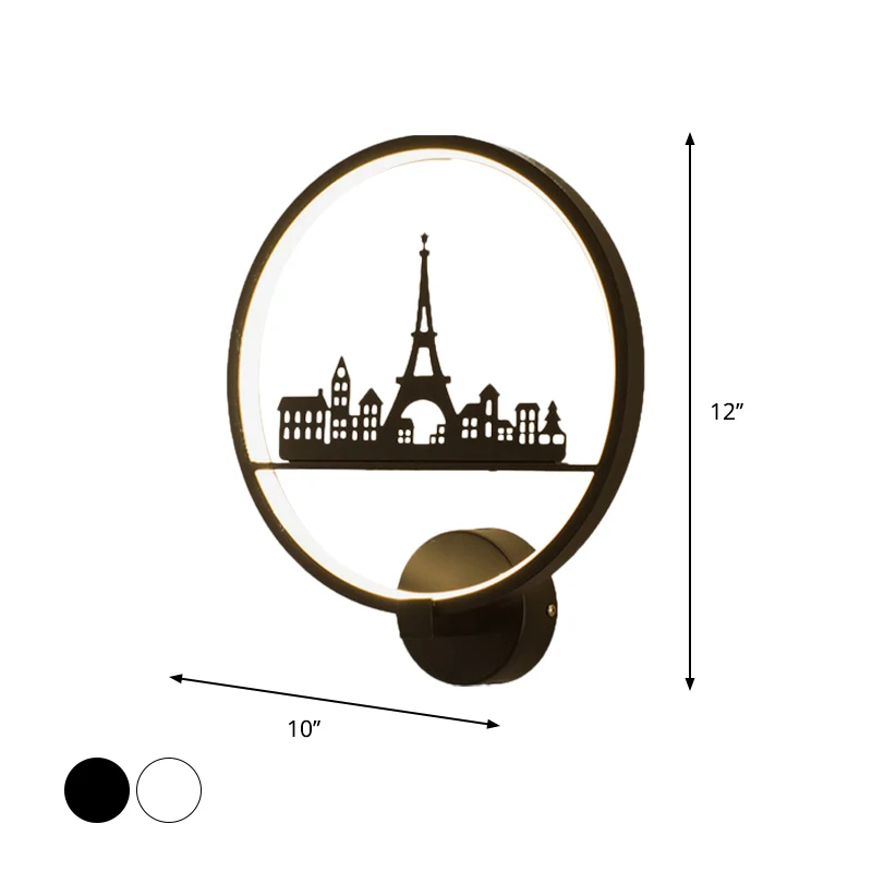 Wit/zwarte ronde wandlamp Nordic LED metalen wandgemonteerde lichtarmatuur met Eiffeltoren/paarpatroon Clearhalo