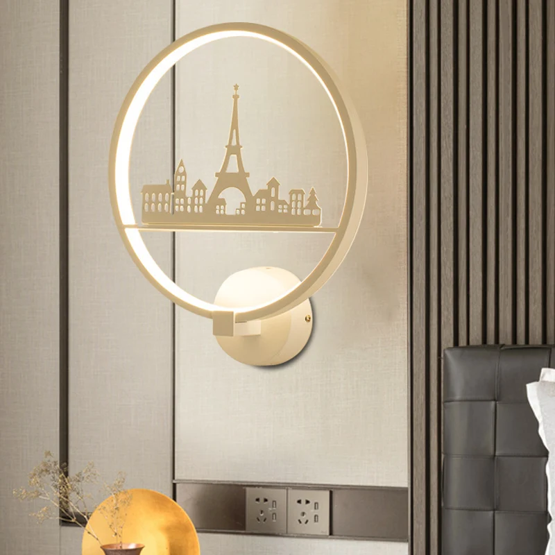 Wit/zwarte ronde wandlamp Nordic LED metalen wandgemonteerde lichtarmatuur met Eiffeltoren/paarpatroon Clearhalo