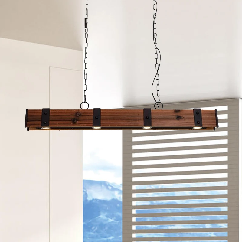 Wood Beam Down Light Lodge Style 4-lichts keukeneilandverlichting met ketting zwarte afwerking Clearhalo