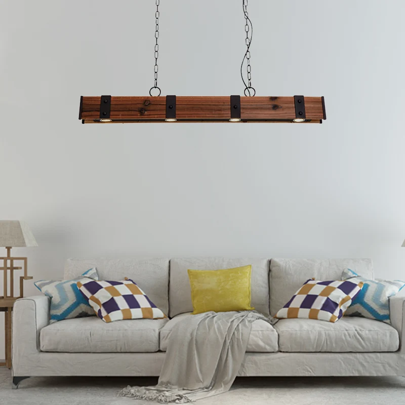 Wood Beam Down Light Lodge Style 4-lichts keukeneilandverlichting met ketting zwarte afwerking Clearhalo