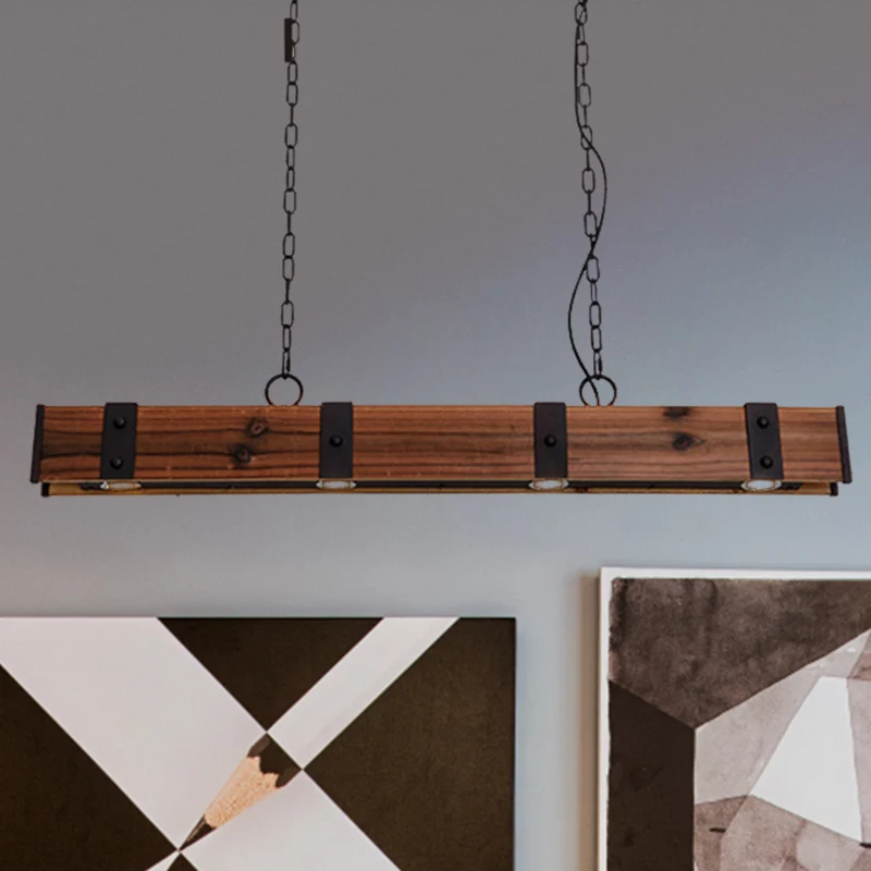 Wood Beam Down Light Lodge Style 4-lichts keukeneilandverlichting met ketting zwarte afwerking Clearhalo