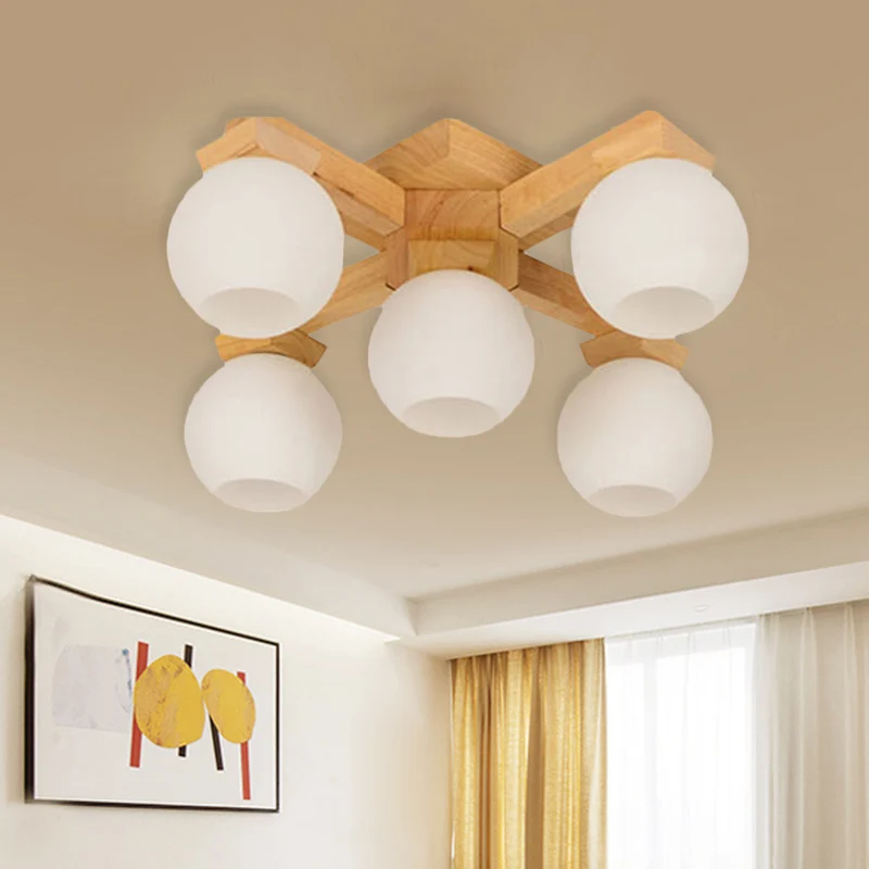 Wood Global Semi Inbouw Aziatische 5 Lampen Wit Matglas Plafondlamp Clearhalo