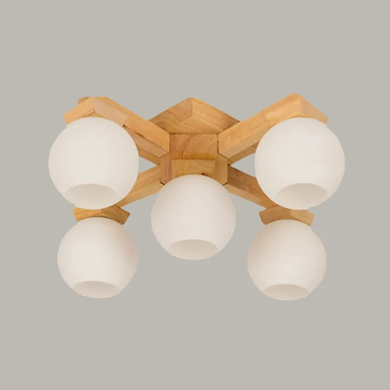 Wood Global Semi Inbouw Aziatische 5 Lampen Wit Matglas Plafondlamp Clearhalo