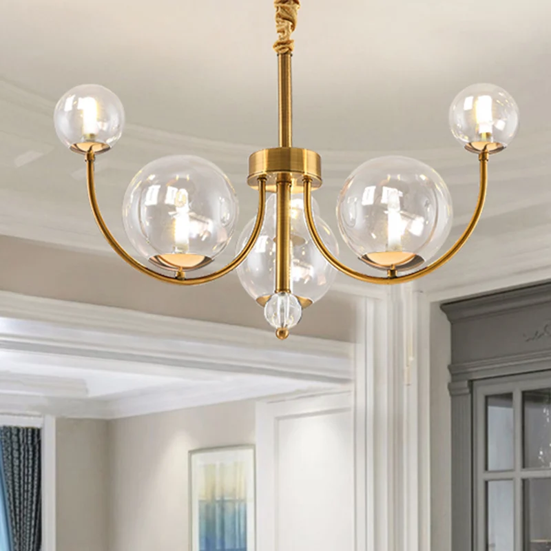 Woonkamer gebogen armkroonluchter met bolvormige glazen kap Metalen elegante stijl gouden hanglamp Clearhalo
