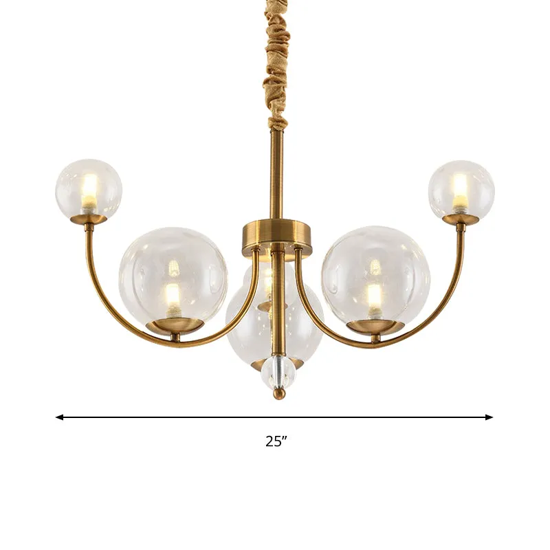 Woonkamer gebogen armkroonluchter met bolvormige glazen kap Metalen elegante stijl gouden hanglamp Clearhalo