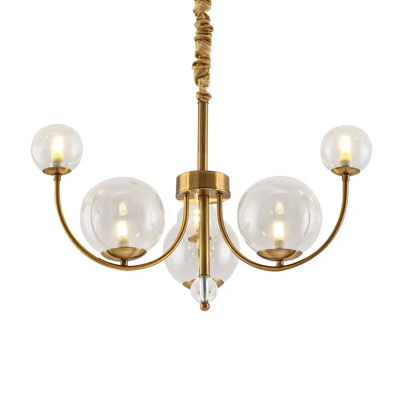 Woonkamer gebogen armkroonluchter met bolvormige glazen kap Metalen elegante stijl gouden hanglamp Clearhalo