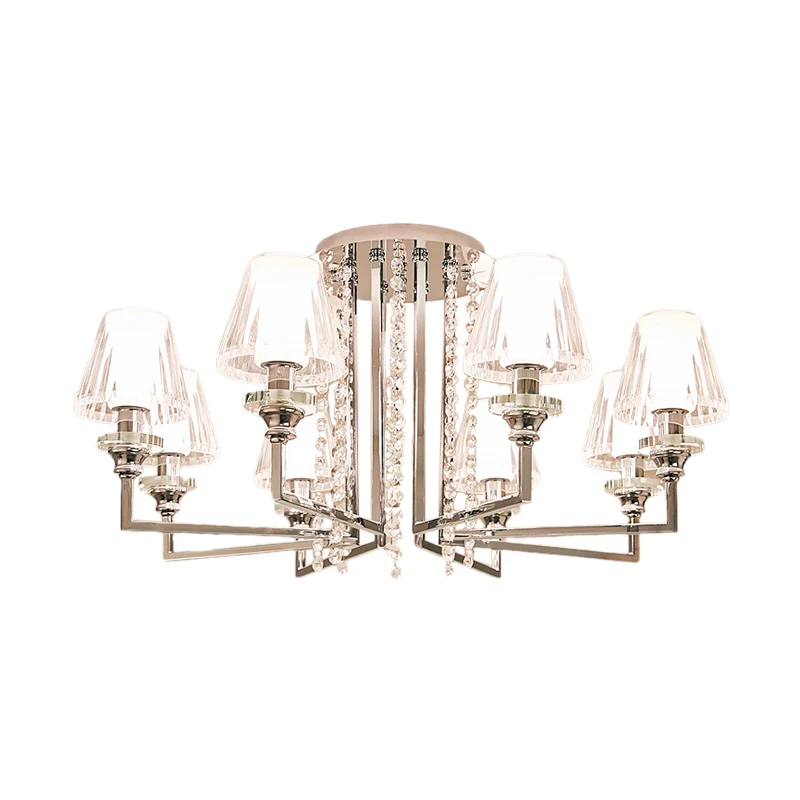 Woonkamer kegel plafondlamp metaal en helder kristal moderne verchroomde afwerking 6/8/10 koppen semi-gemonteerd licht Cle...