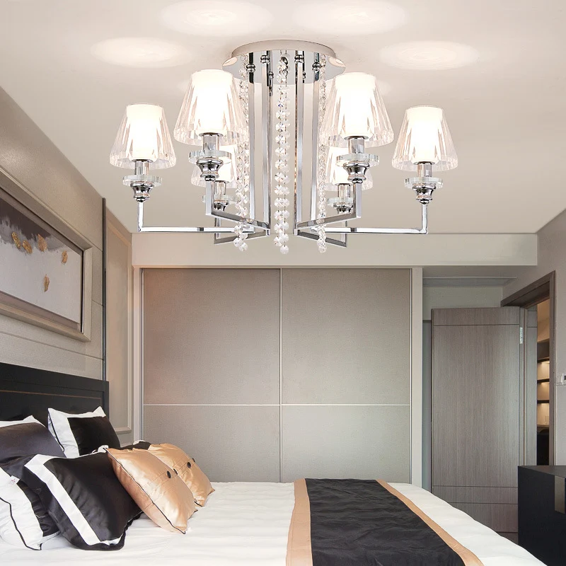 Woonkamer kegel plafondlamp metaal en helder kristal moderne verchroomde afwerking 6/8/10 koppen semi-gemonteerd licht Cle...