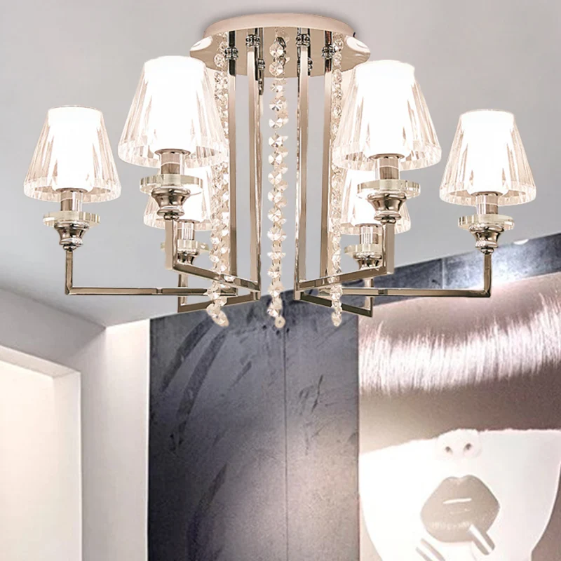 Woonkamer kegel plafondlamp metaal en helder kristal moderne verchroomde afwerking 6/8/10 koppen semi-gemonteerd licht Cle...