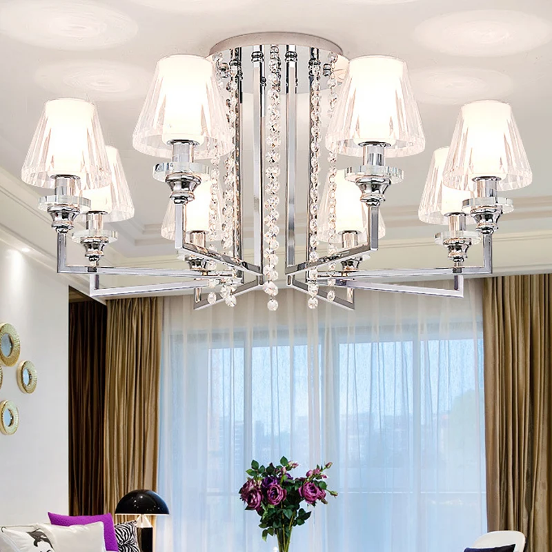 Woonkamer kegel plafondlamp metaal en helder kristal moderne verchroomde afwerking 6/8/10 koppen semi-gemonteerd licht Cle...