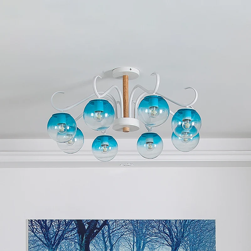 Woonkamer kroonluchter met draaiarm en Orbit Shade helder glas romantische blauwe hanglamp Clearhalo