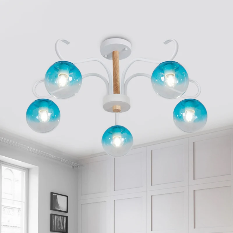 Woonkamer kroonluchter met draaiarm en Orbit Shade helder glas romantische blauwe hanglamp Clearhalo