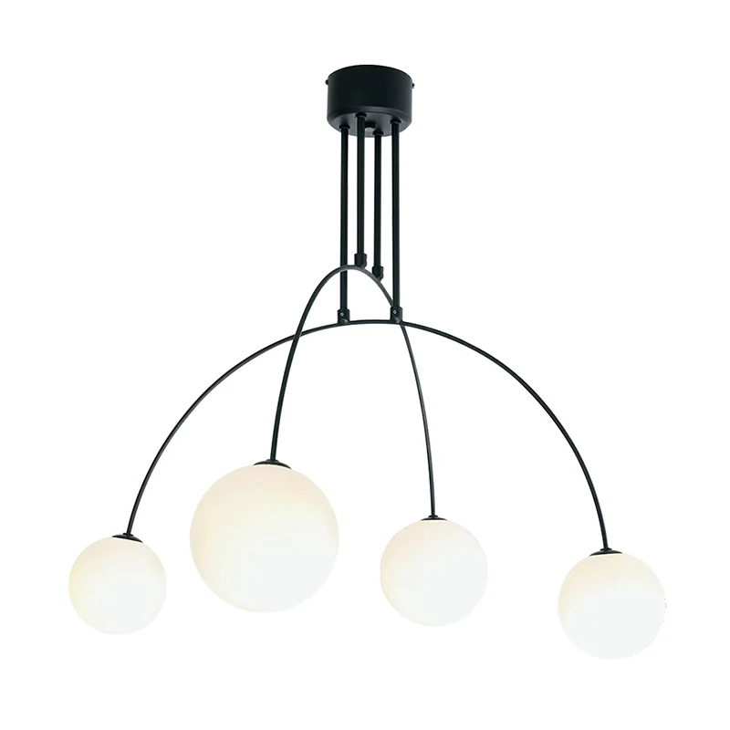 Woonkamerkroonluchter met 4 koppen, witte hangende hanglamp met ijzeren boog en melkwitte glazen bollen Clearhalo