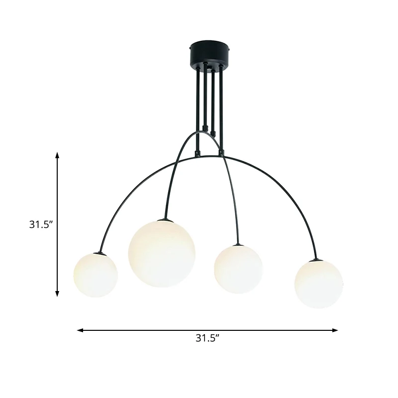 Woonkamerkroonluchter met 4 koppen, witte hangende hanglamp met ijzeren boog en melkwitte glazen bollen Clearhalo