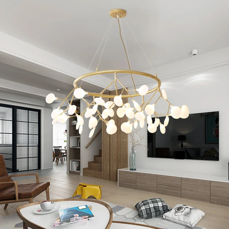 Woonkamerkroonluchter met 45 lampen Artistieke gouden hanglamp met bladvormige acrylkap Clearhalo