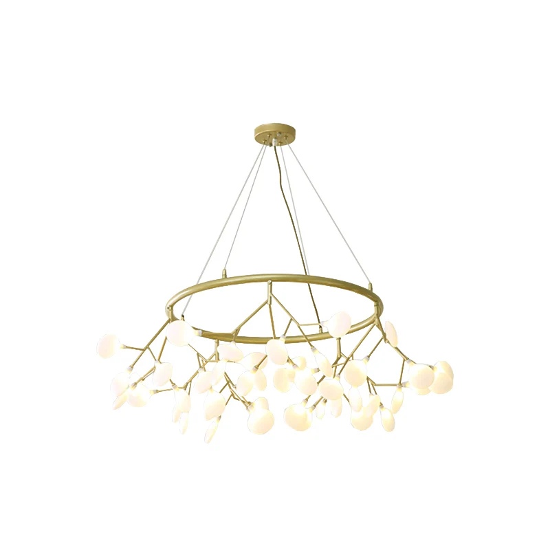 Woonkamerkroonluchter met 45 lampen Artistieke gouden hanglamp met bladvormige acrylkap Clearhalo