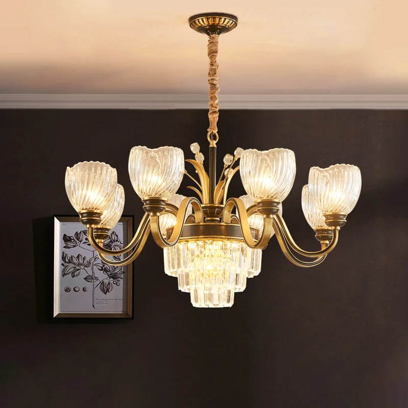 Woonkamerkroonluchter met ronde arm Klassiek helder prismatisch glas 8-lichts gouden hanglamp Clearhalo