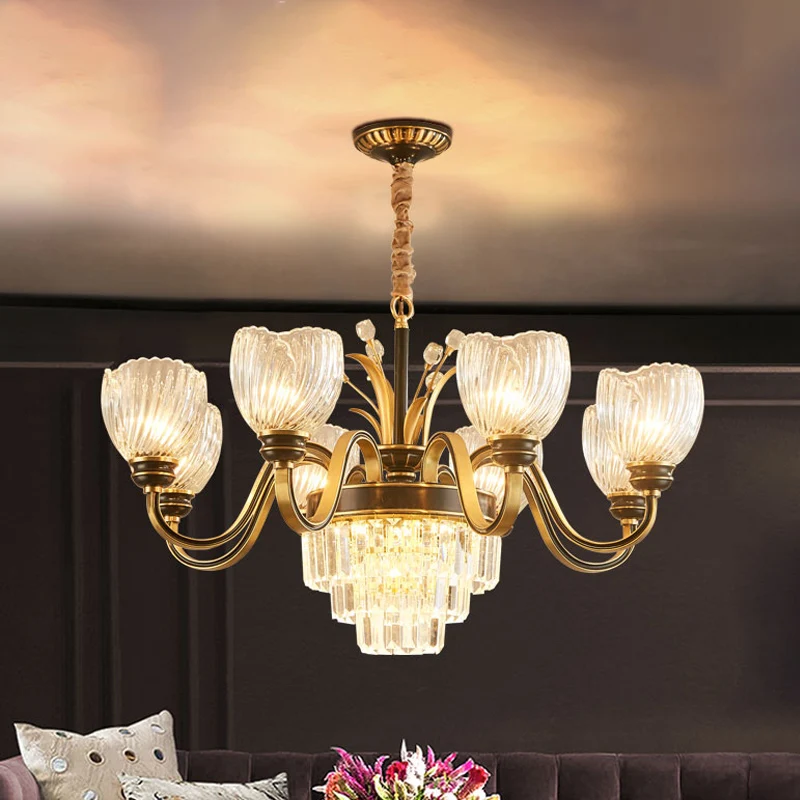Woonkamerkroonluchter met ronde arm Klassiek helder prismatisch glas 8-lichts gouden hanglamp Clearhalo